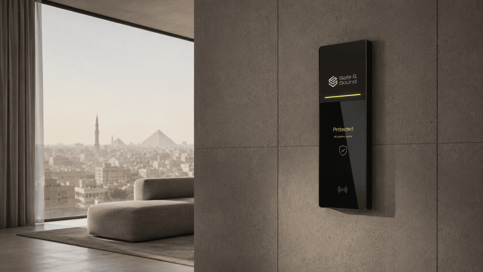 A Safe & Sound access panel mounted on a stone wall overlooking Cairo