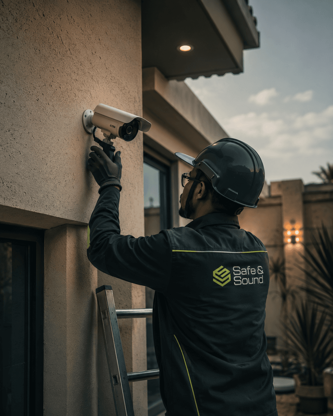 Technician installing a CCTV camera